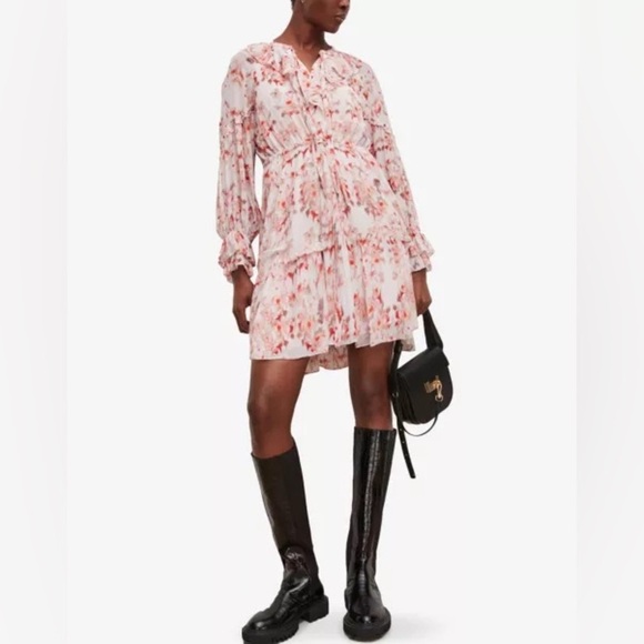 All Saints Ava Momo Dress Floral Print Long Sleeve Ruffle - Pink - US Size 4 - Picture 3 of 13